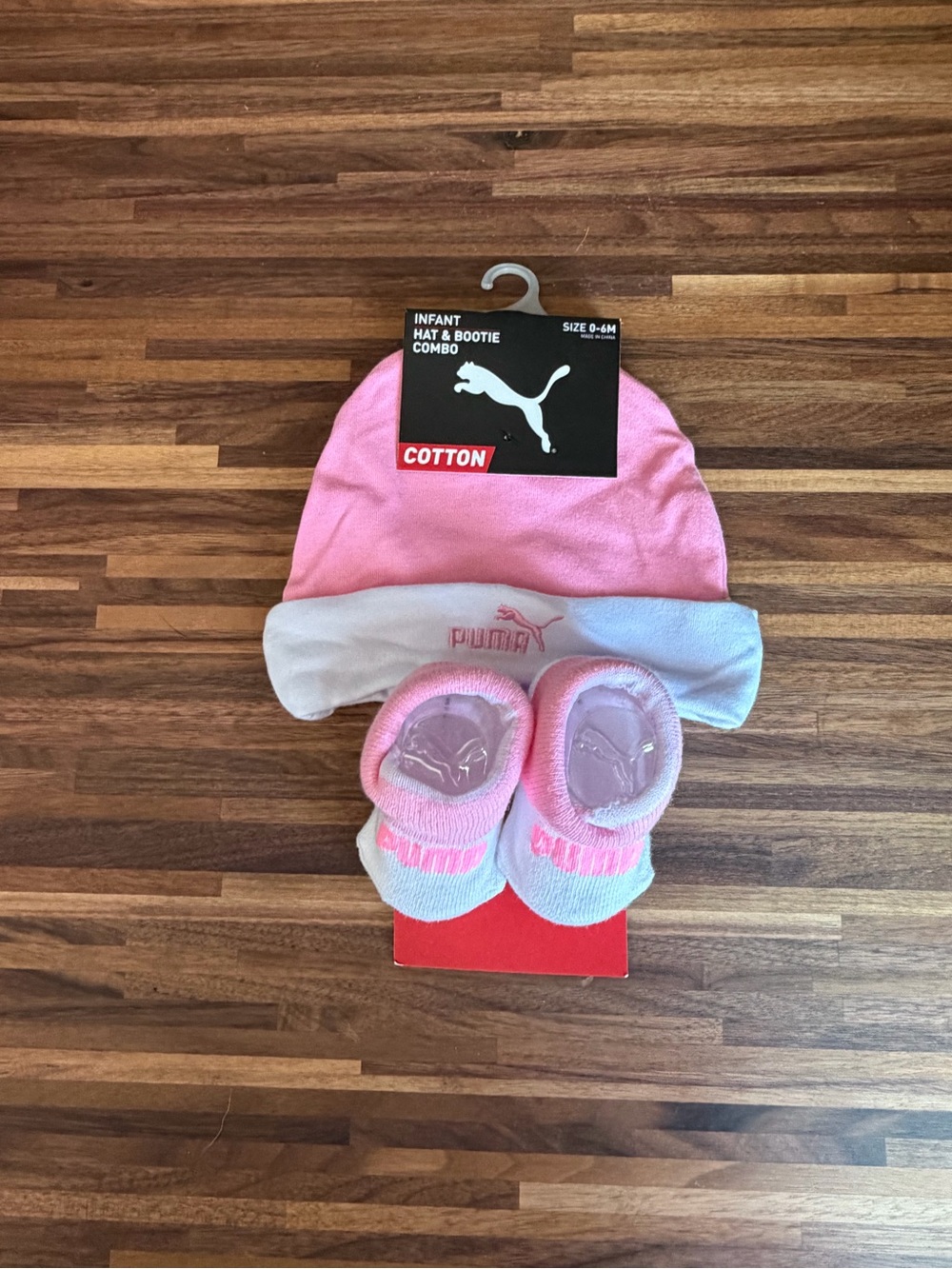 Puma Pink and White Infant Hat & Booties Set